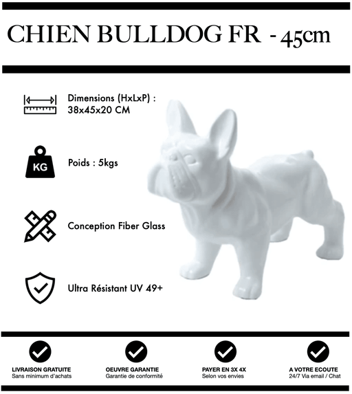 Sculpture Chien Bulldog FR Resine 45cm Statue - BLANC - MUZZANO