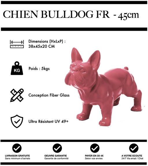 Sculpture Chien Bulldog FR Resine 45cm Statue - ROSE - MUZZANO