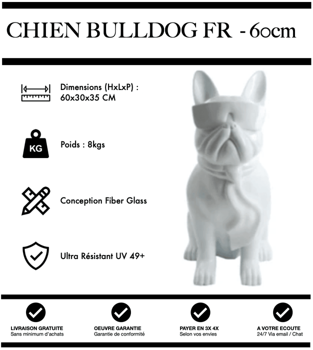 Sculpture Chien Bulldog FR Resine 60cm Statue - BLANC - MUZZANO