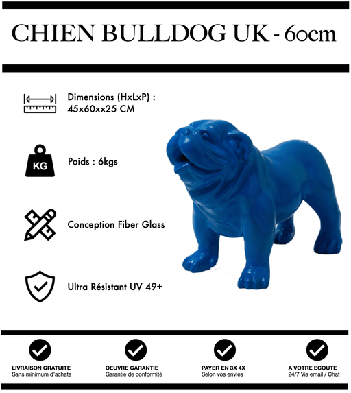 Sculpture Chien Bulldog UK Resine 60cm Statue - BLEU - MUZZANO