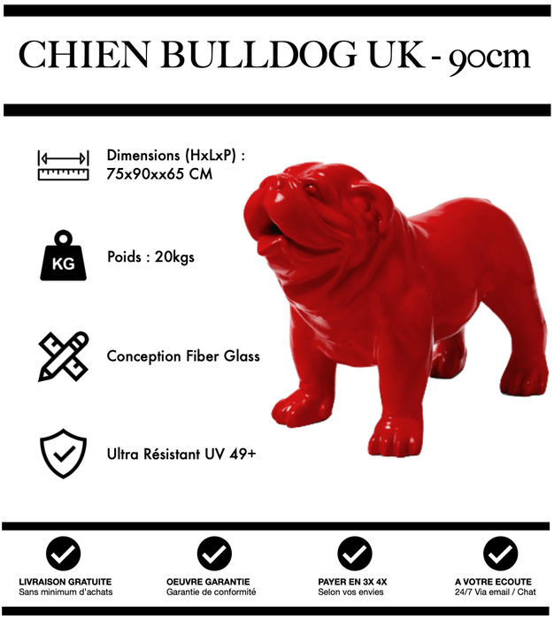 Sculpture Chien Bulldog UK Resine 90cm Statue - Rouge - MUZZANO