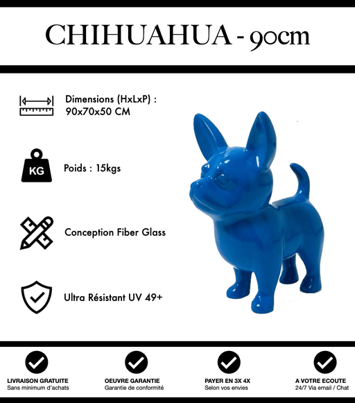 Sculpture Chien Chihuahua Resine XL 90cm Statue - Bleu Foncé - MUZZANO