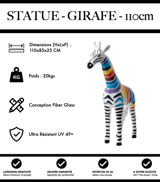 Sculpture Girafe Resine 110cm Statue - Zebrage Multicolore - MUZZANO
