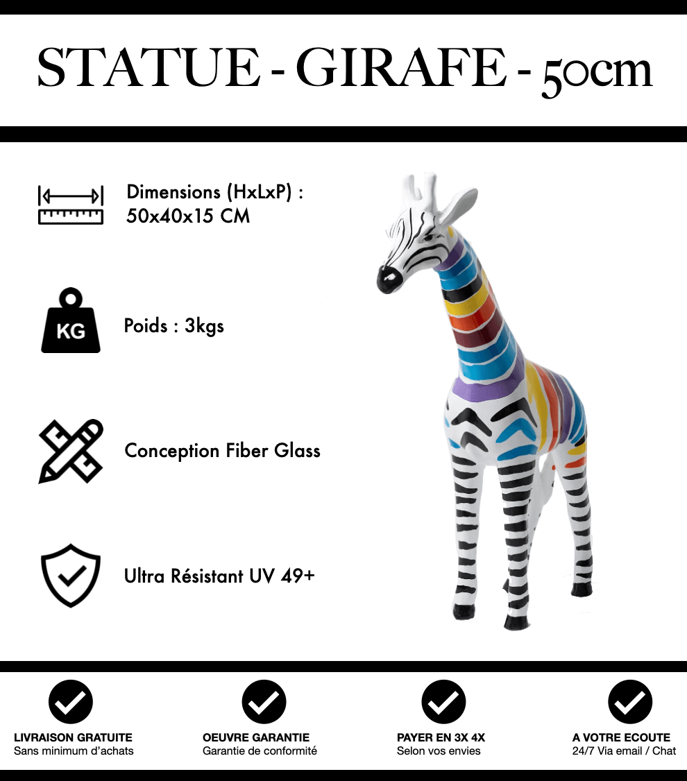 Sculpture Girafe Resine 50cm Statue - Zebrage Multicolore - MUZZANO