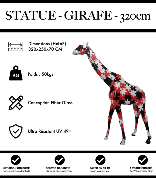 Sculpture Girafe Resine XXXL 320cm Statue - Puzzle Noir Rouge Blanc - MUZZANO