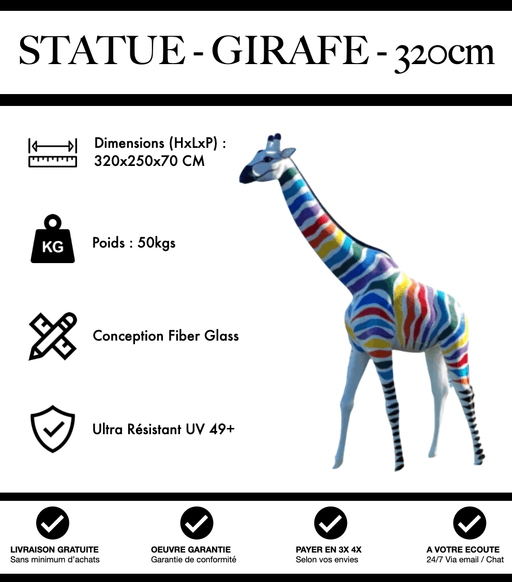 Sculpture Girafe Resine XXXL 320cm Statue - Zebrage Multicolore - MUZZANO
