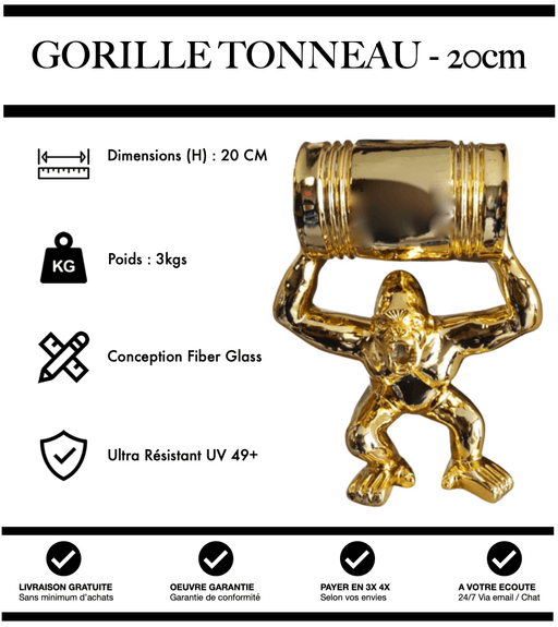 Sculpture Gorille Avec Tonneau Resine 20cm Statue - Gold Chrome - MUZZANO