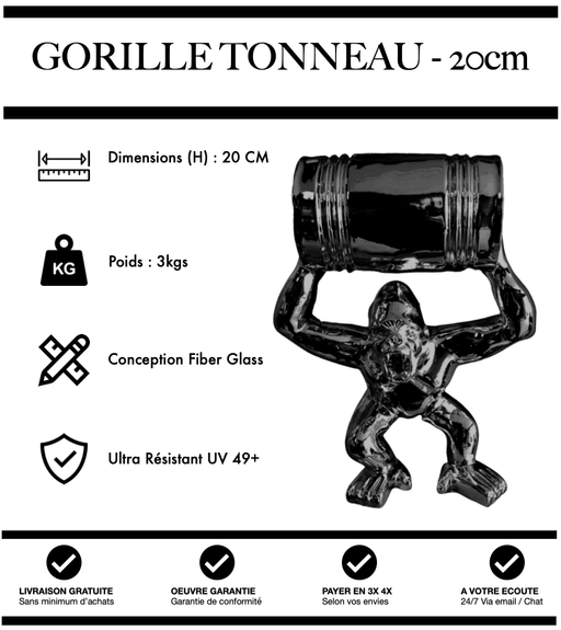 Sculpture Gorille Avec Tonneau Resine 20cm Statue - Noir Chrome - MUZZANO