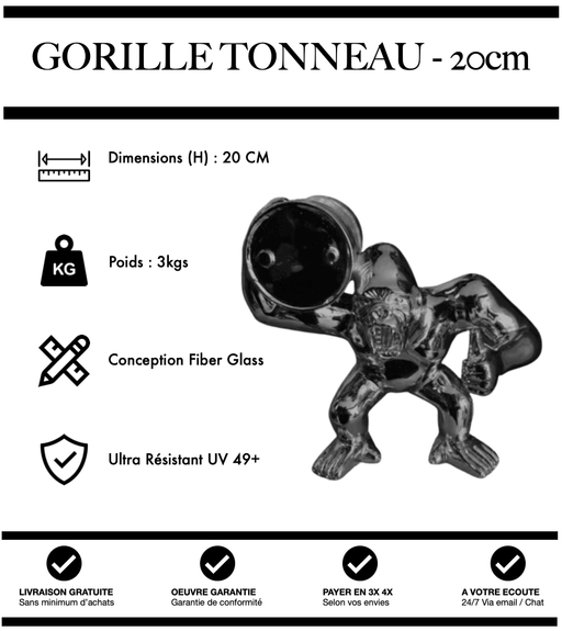 Sculpture Gorille Enervé Avec Tonneau Resine 20cm Statue - Noir Chrome - MUZZANO