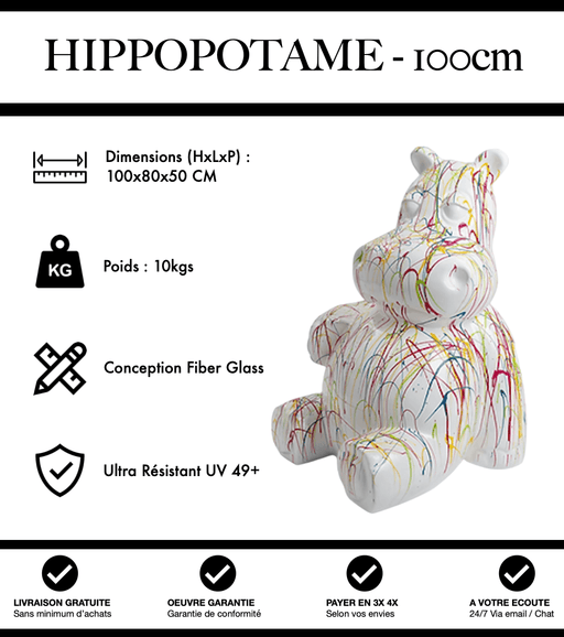 Sculpture Hippopotame Resine 100cm Statue - Graffiti Blanc - MUZZANO