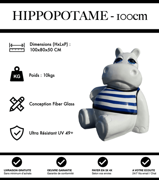 Sculpture Hippopotame Resine 100cm Statue - Marinière Bleu - MUZZANO