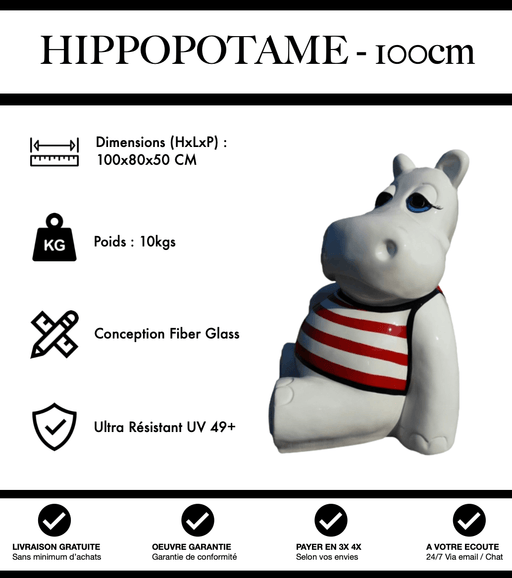 Sculpture Hippopotame Resine 100cm Statue - Marinière Rouge - MUZZANO