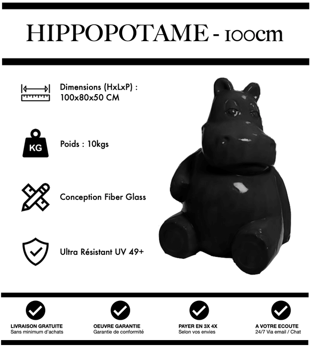 Sculpture Hippopotame Resine 100cm Statue - NOIR - MUZZANO