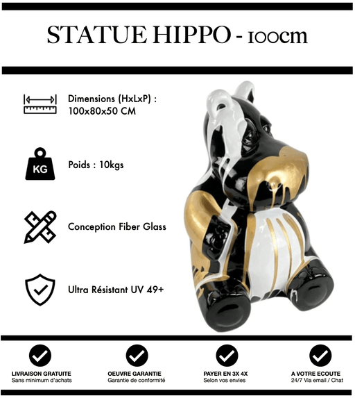 Sculpture Hippopotame Resine 100cm Statue - White & Black - MUZZANO