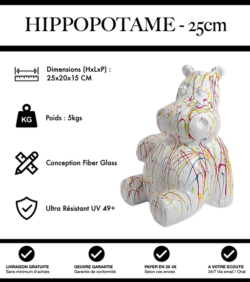 Sculpture Hippopotame Resine 25cm Statue - Graffiti Blanc - MUZZANO
