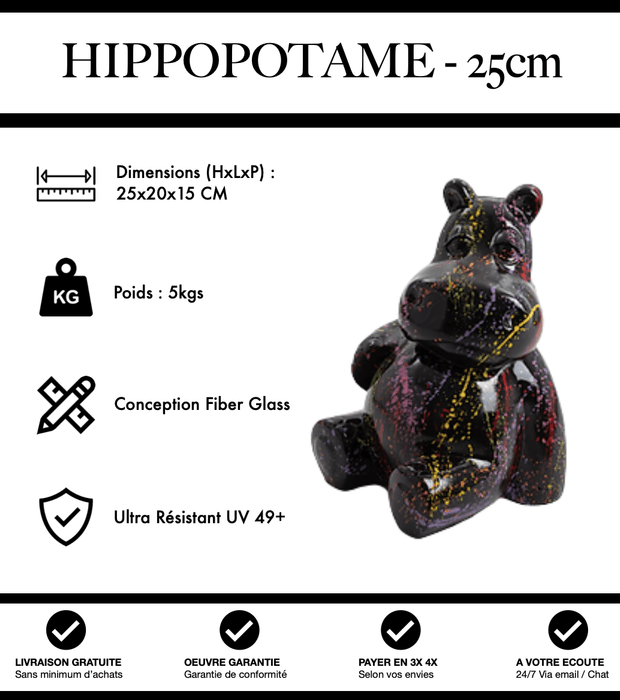 Sculpture Hippopotame Resine 25cm Statue - Graffiti Noir - MUZZANO