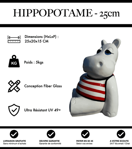 Sculpture Hippopotame Resine 25cm Statue - Marinière Rouge - MUZZANO