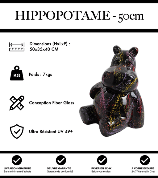 Sculpture Hippopotame Resine 50cm Statue - Graffiti Noir - MUZZANO