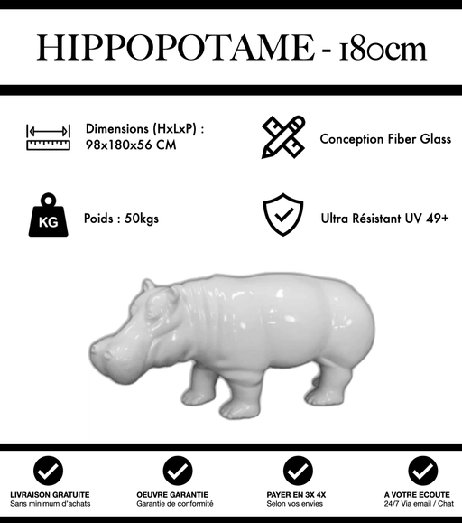 Sculpture Hippopotame Resine XXL 180cm Statue - Blanc - MUZZANO
