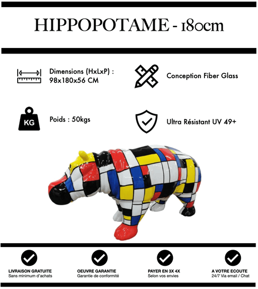 Sculpture Hippopotame Resine XXL 180cm Statue - Mondrian - MUZZANO