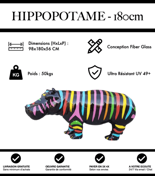 Sculpture Hippopotame Resine XXL 180cm Statue - Zebrage Multicolore - MUZZANO