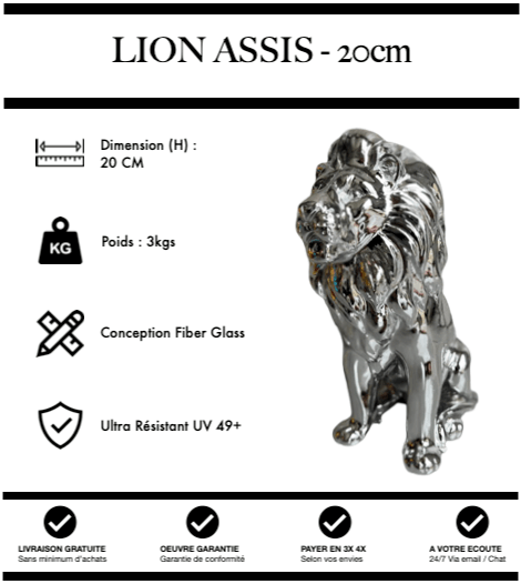 Sculpture Lion Assis 20cm Statue Resine - Silver Chrome - MUZZANO