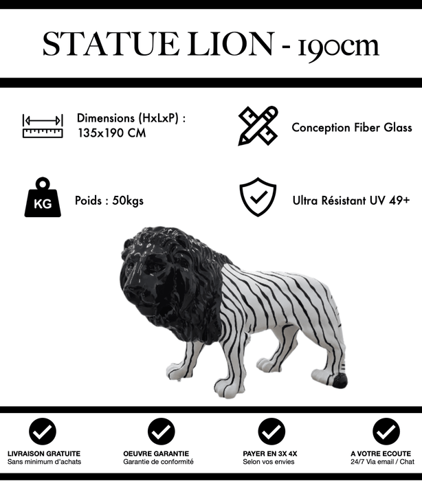 Sculpture Lion Resine XXL 190cm Statue - Noir et Blanc - MUZZANO