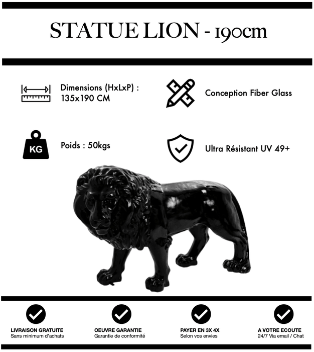 Sculpture Lion Resine XXL 190cm Statue - NOIR - MUZZANO