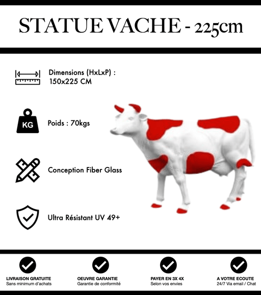 Sculpture Vache Resine XXL Réaliste 225cm Statue - Blanc et Rouge - MUZZANO
