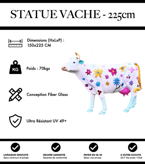 Sculpture Vache Resine XXL Réaliste 225cm Statue - Fleurie Blanc - MUZZANO