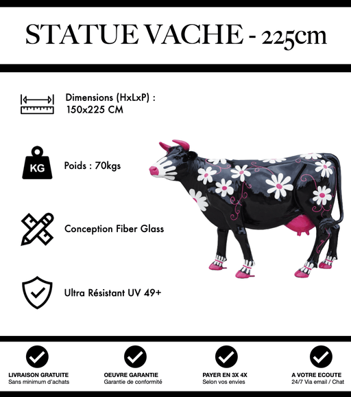 Sculpture Vache Resine XXL Réaliste 225cm Statue - Fleurie Noir et Rose - MUZZANO
