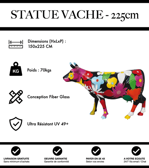 Sculpture Vache Resine XXL Réaliste 225cm Statue - Fleurie Noir - MUZZANO