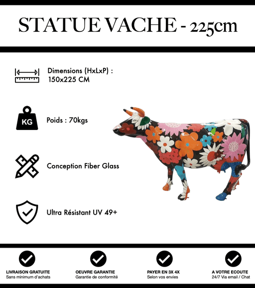 Sculpture Vache Resine XXL Réaliste 225cm Statue - Fleurie Pâle Noir - MUZZANO