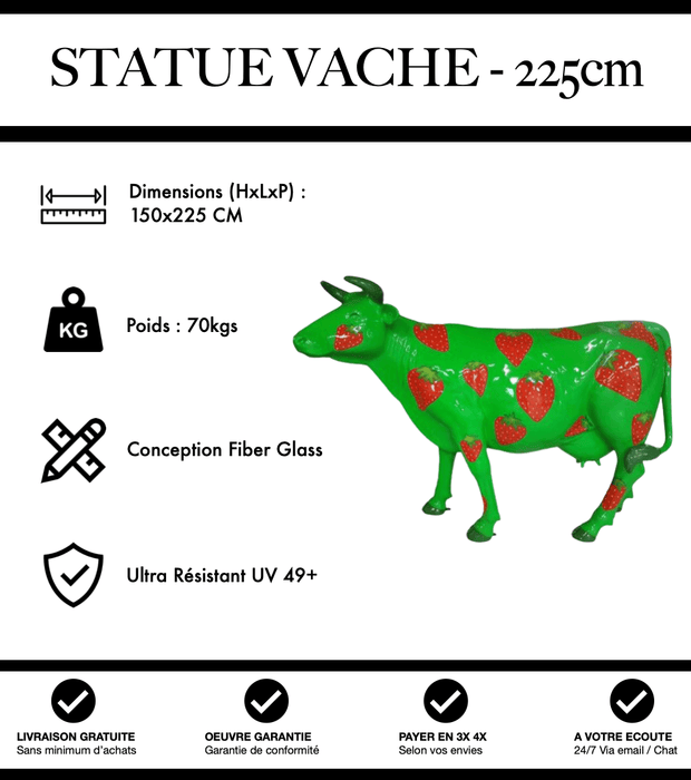 Sculpture Vache Resine XXL Réaliste 225cm Statue - Fraise - MUZZANO